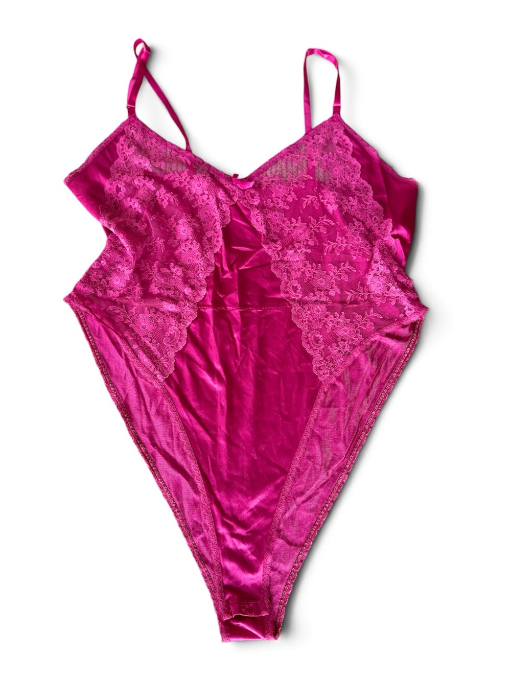 Vintage 70s 80s Sabrina Fuchsia Hot Pink Lace Satin Bodysuit Size 34 C Medium